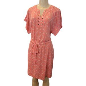 New York & Company V Neck Shirtdress Knit Orange & White Chain Print Belted